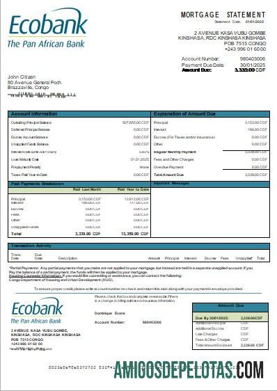 Declaração de hipoteca do Congo Ecobank Bank Scr exemplo